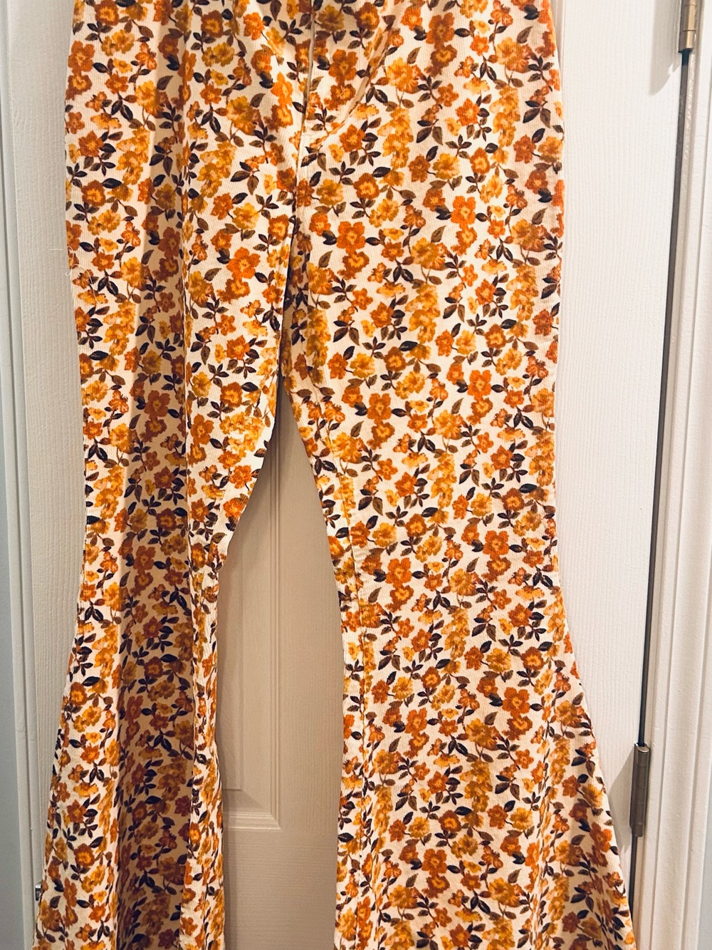 Versona Cream Floral Boot Cut Pants with Orange & Brown Flowers